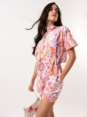 DL Woman Printed Half Sleeves Jumpsuit with Waist Tie-ups