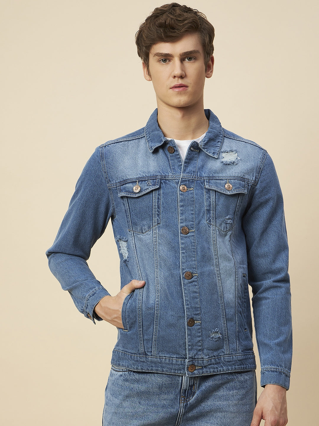 Men's Blue Solid Ripped Denim Jacket - High Star x Dennis Lingo