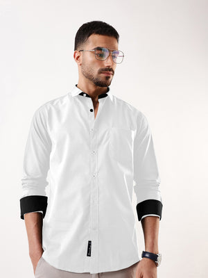Men White Solid Spread Collar Full Sleeves Regular Fit Casual Shirt