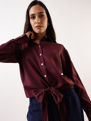 DL Woman Solid Knotted Shirt Collar Top