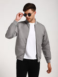 Men's Rib Collar Regular Fit Solid Grey Bomber Jacket