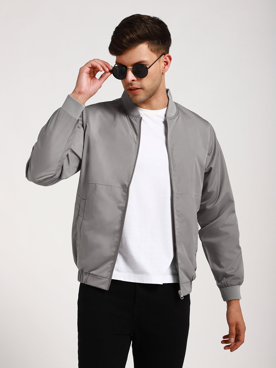 Men's Rib Collar Regular Fit Solid Grey Bomber Jacket – DENNIS LINGO