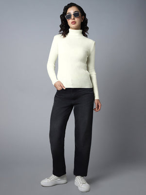 Women Ribbed Turtle Neck Long Sleeves Acrylic Pullover Sweaters