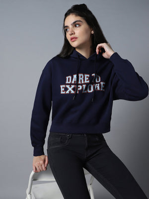 Women Typography Printed Hooded Neck Long Sleeve Pullover Sweatshirt