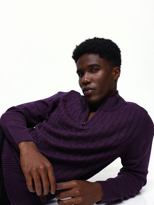 Men's Cable Knit Solid Mock Collar Pullover Sweater