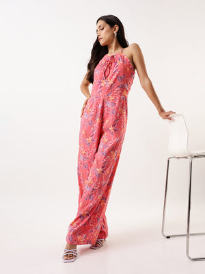 DL Woman Coral Halter Neck Floral Printed Jumpsuit