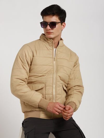 Dennis Lingo Men's Beige Solid Quilted High Neck Full Sleeve Puffer W/O hood Jackets