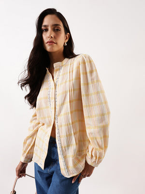 DL Woman Yellow Checks Mandarin Collar Full Sleeves Top