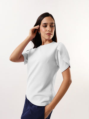 Women Off White Solid Textured Round Neck Petal Sleeves Top