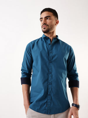 Men's Teal Solid Spread Collar Full Sleeves Regular Fit Casual Shirt