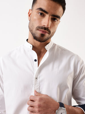 Men White Solid Mandarin Collar Full Sleeves Regular Fit Casual Shirt
