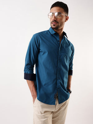 Men Teal Solid Spread Collar Full Sleeves Regular Fit Casual Shirt