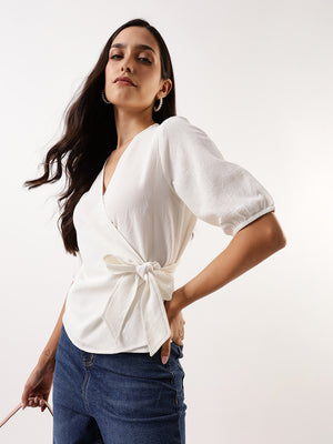 DL Woman White Solid Textured V-Neck Half Sleeves Tie-Up Top