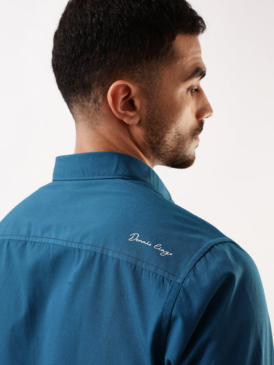 Men Teal Solid Spread Collar Full Sleeves Regular Fit Casual Shirt
