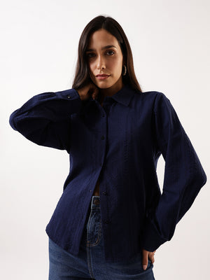 DL Woman Blue Textured Striped Spread Collar Full Sleeves Relaxed Fit Shirt