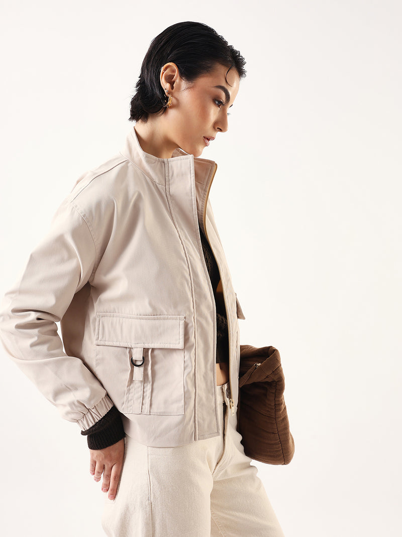 DL Woman Wine Solid Mock Collar Full Sleeves Jacket