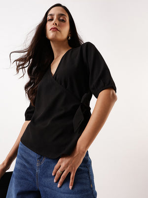 DL Woman Black Solid Textured V-Neck Half Sleeves Tie-Up Top