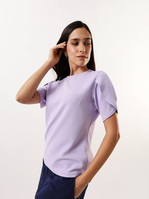 DL Woman Lavender Solid Textured Round Neck Petal Sleeves Top