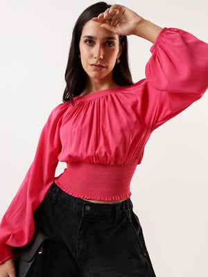 DL Woman Pink Solid Round Neck Elasticated Top