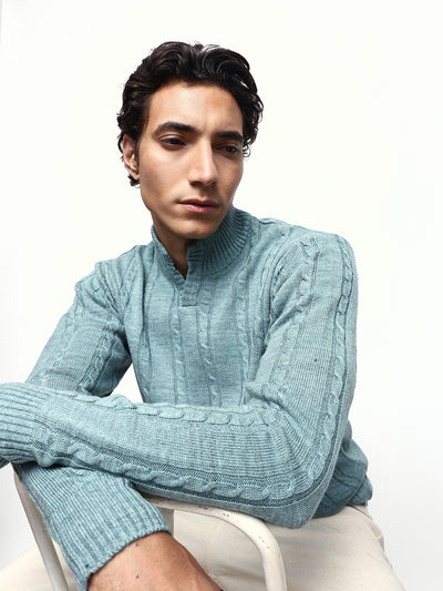 Men's Cable Knit Solid Mock Collar Pullover Sweater