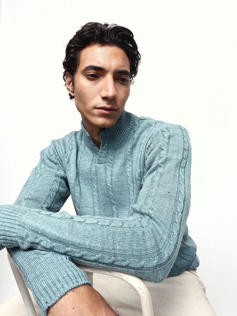 Men's Cable Knit Solid Mock Collar Pullover Sweater