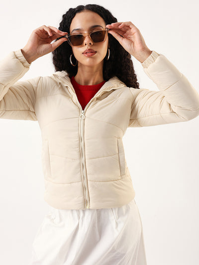 DL Woman Off White Hooded Full Sleeves Puffer Jacket