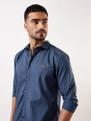 Men Blue Solid Spread Collar Embroidered Shirt