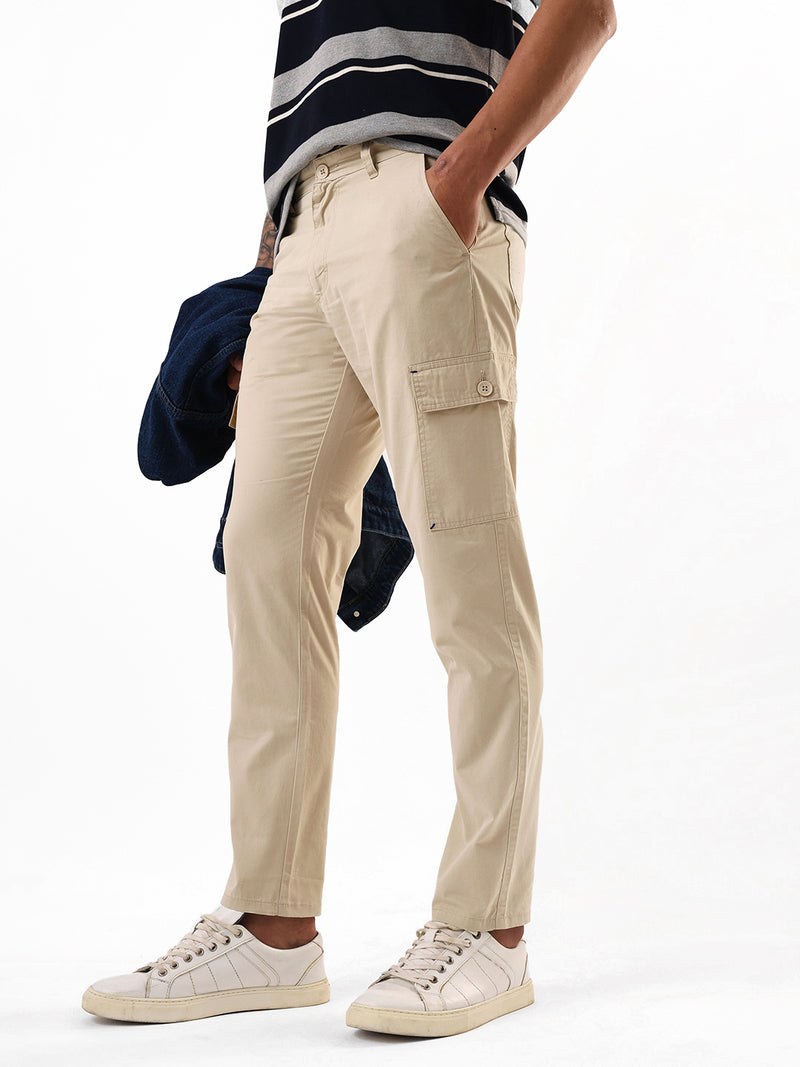 Men's Beige Solid Slim Fit Cargo Trouser