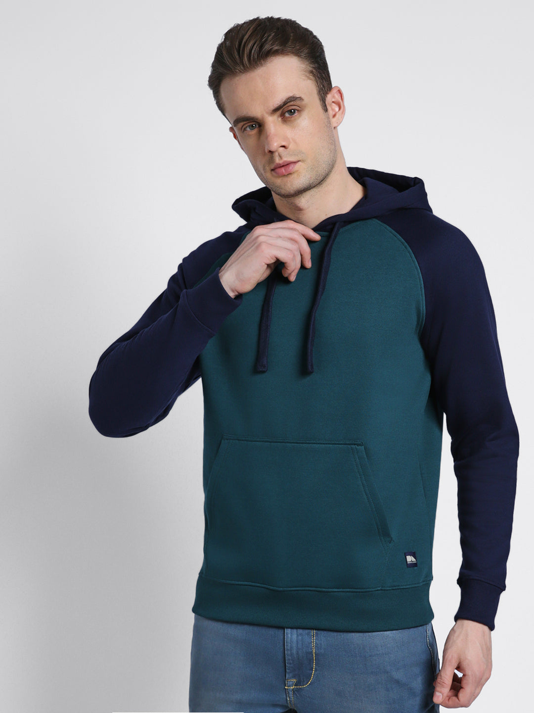Men's Teal Colourblocked Full Sleeves Hoodie