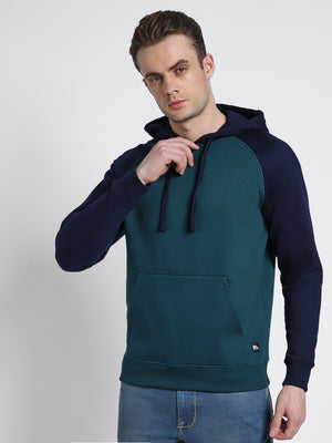 Men's Teal Colourblocked Full Sleeves Hoodie
