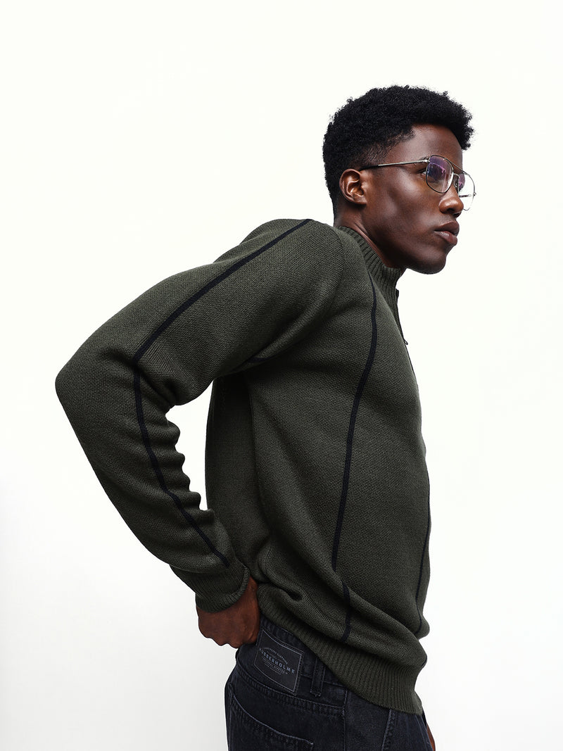 Men's Striped Mock Collar Pullover Sweater