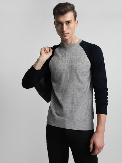 Dennis Lingo Men's Lt Grey Mel Colourblock  Full Sleeves Pullover Sweater