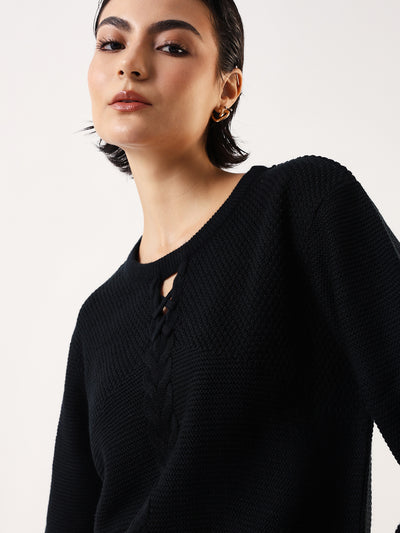 DL Woman Solid Round Neck Full Sleeves Cable Knit Sweater