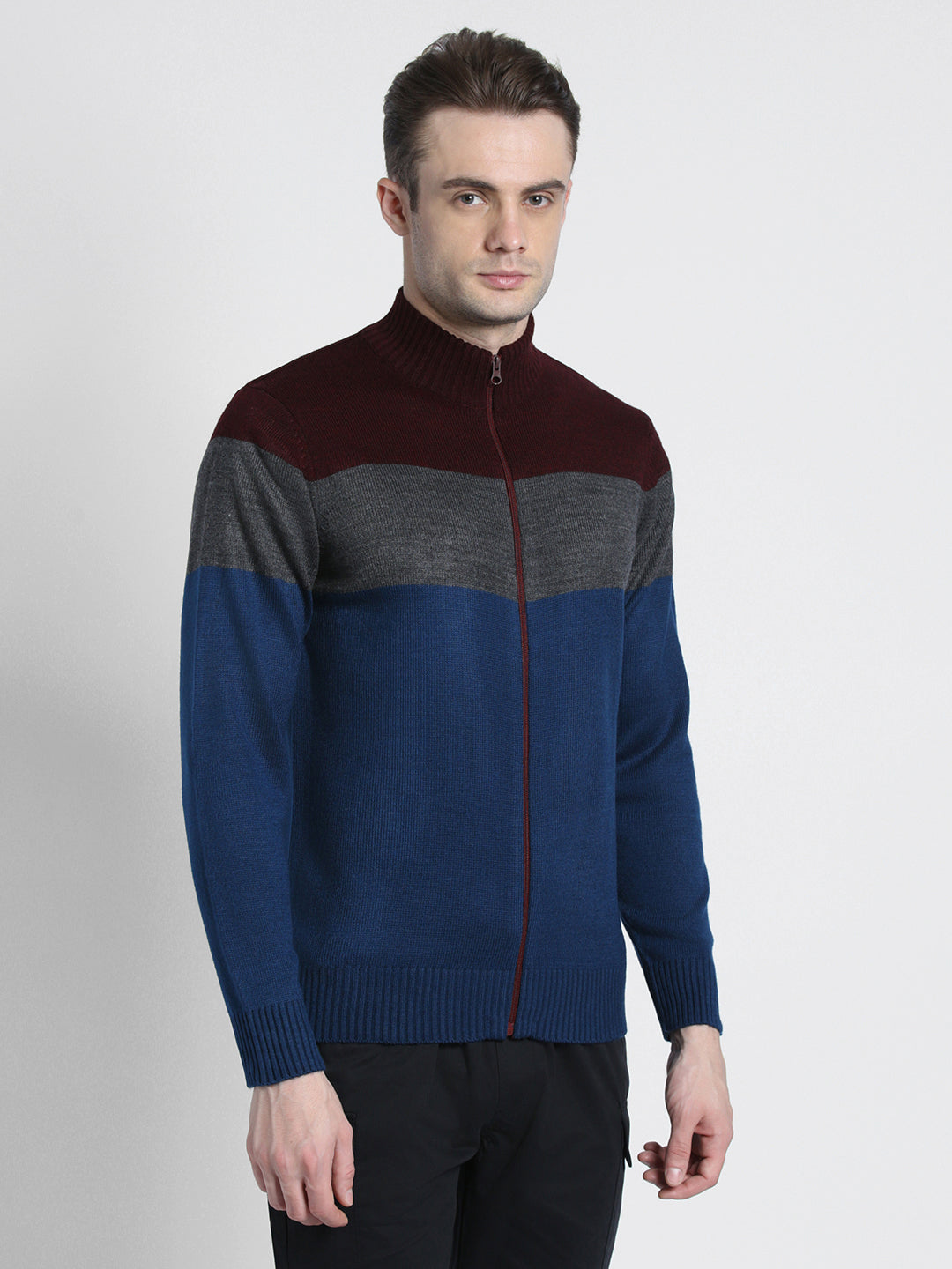 Men's Maroon Colourblocked Mock Neck Front-Open Sweater