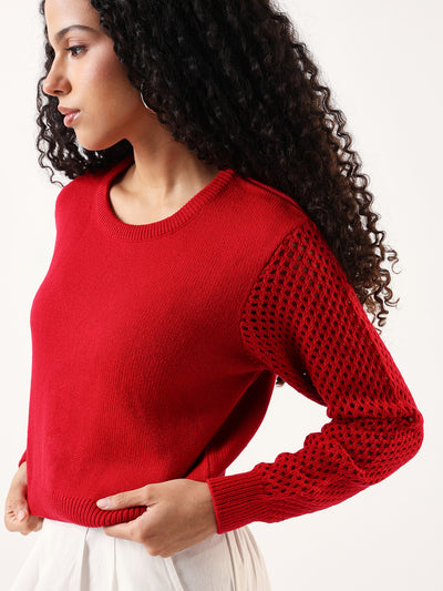 DL Woman Solid Round Neck Pointelle Knit Sweater