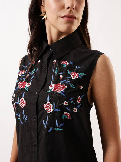 DL Woman Black Embroidered Spread Collar Sleeveless Shirt Dress