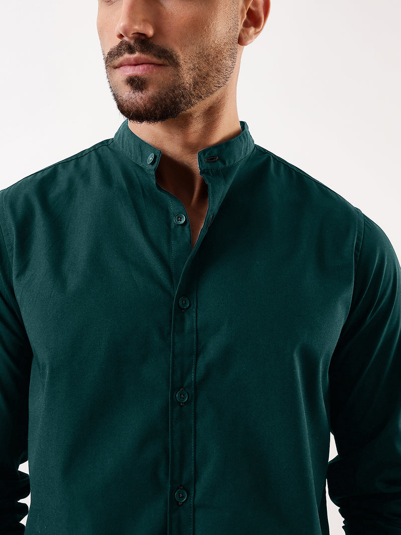 Men Bottle green Solid Mandarin Collar Full Sleeves Regular Fit Casual Shirt