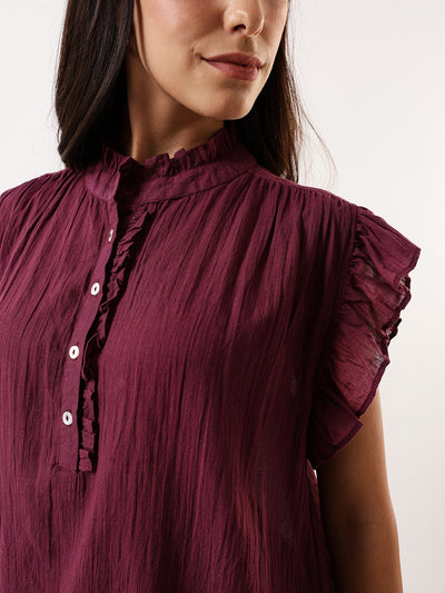 DL Woman Mauve Solid Textured Sleeveless Round Neck Ruffle Top