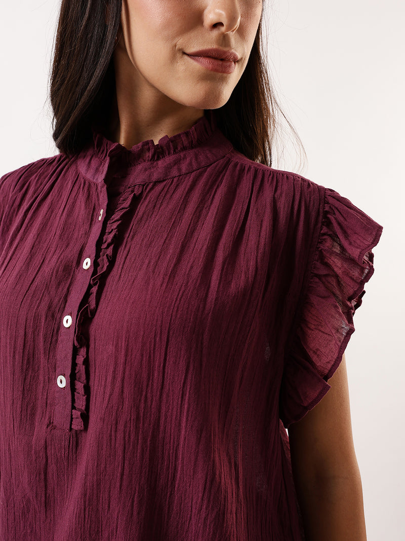DL Woman Mauve Solid Textured Sleeveless Round Neck Ruffle Top