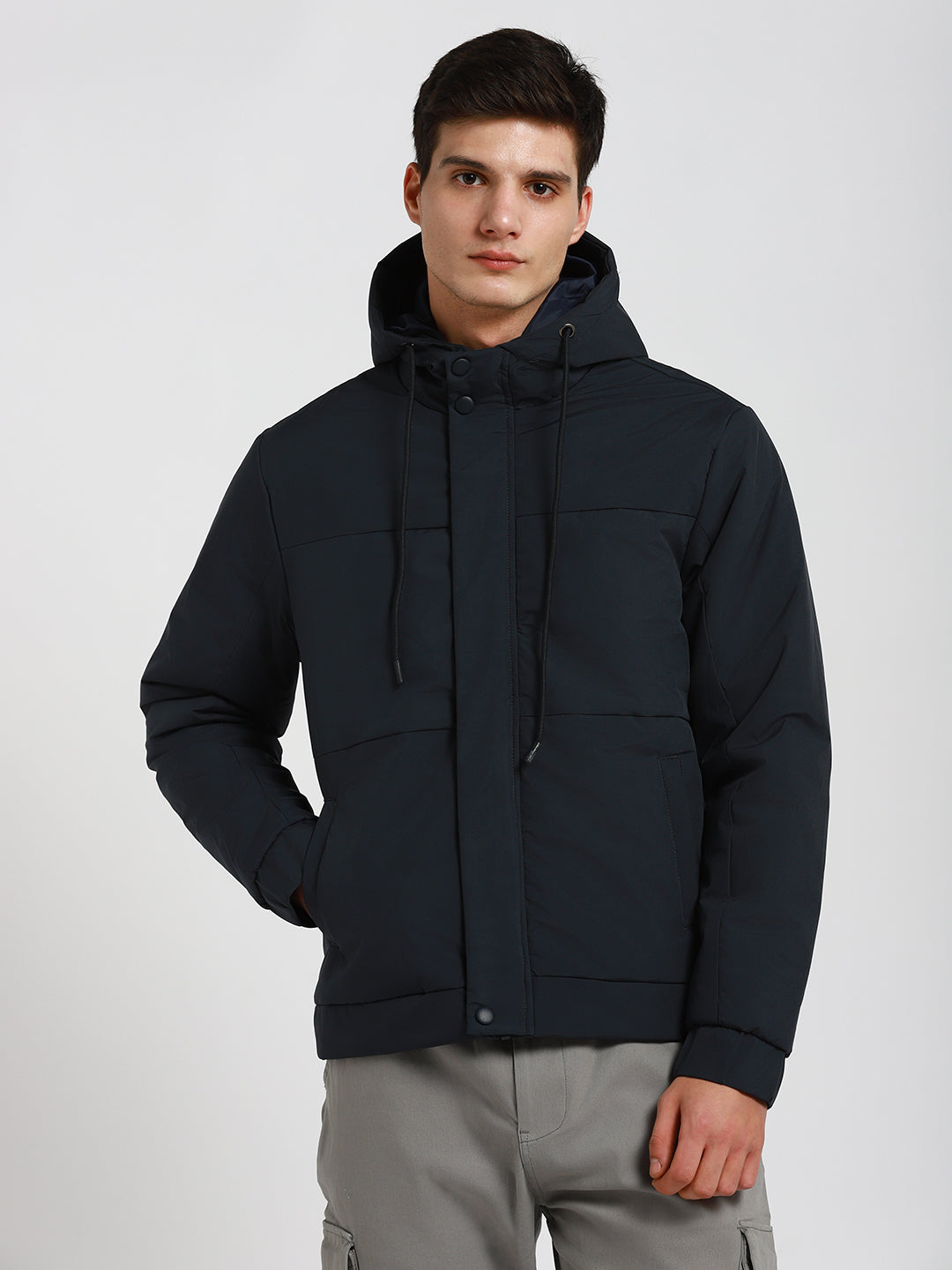 Dennis Lingo Men's Mid Grey Solid Hood Full Sleeve Quilted W Hood Jackets