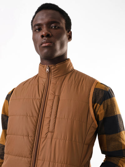 Men's Brown Solid Mock Neck Sleeveless Gilet Jacket