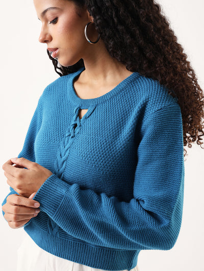 DL Woman Solid Round Neck Full Sleeves Cable Knit Sweater