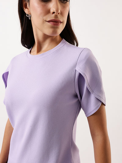DL Woman Lavender Solid Textured Round Neck Petal Sleeves Top
