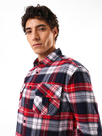 Men's Maroon Flannel Checks Spread Collar Relaxed Fit Casual Shirt