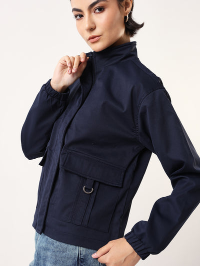 DL Woman Denim Blue Solid Mock Collar Full Sleeves Jacket