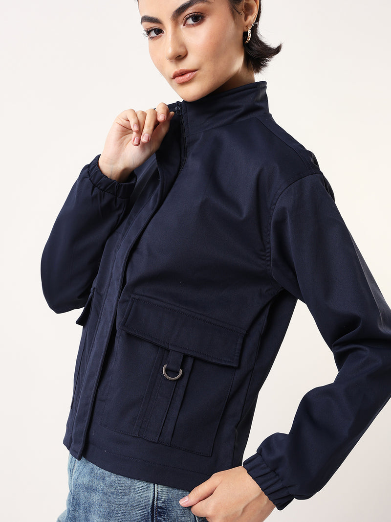 DL Woman Denim Blue Solid Mock Collar Full Sleeves Jacket