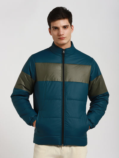 Dennis Lingo Men's Turqouise Green Panelled High Neck Full Sleeve Puffer W/O hood Jackets