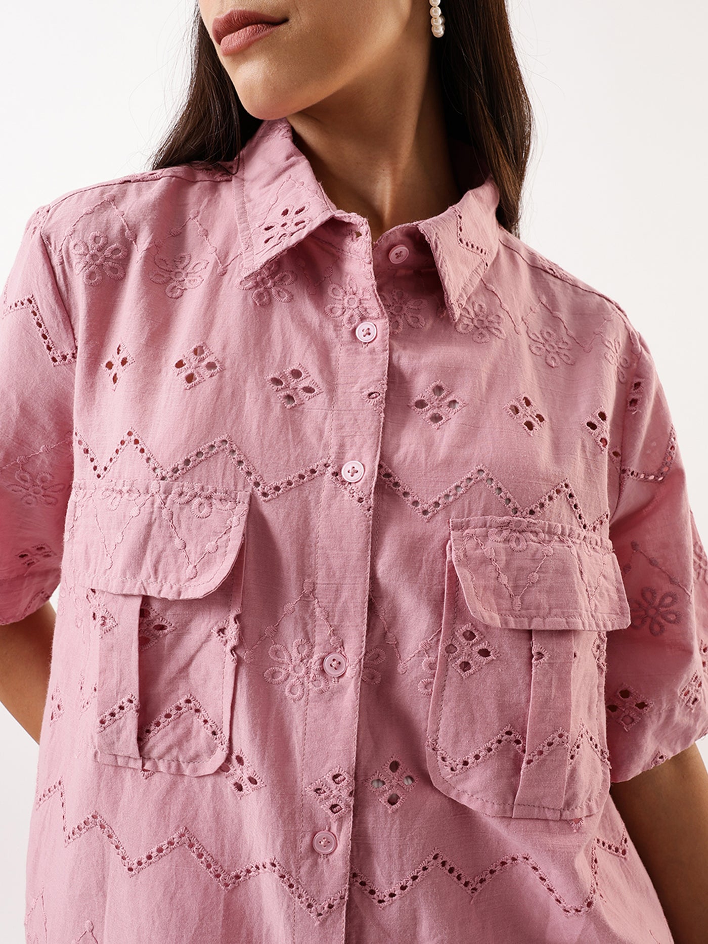 DL Woman Pink Schiffli Half Sleeves Shirt with Trousers Co-ords