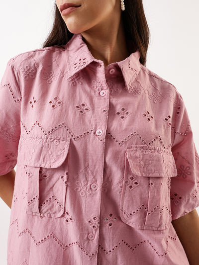 DL Woman Pink Schiffli Half Sleeves Shirt with Trousers Co-ords