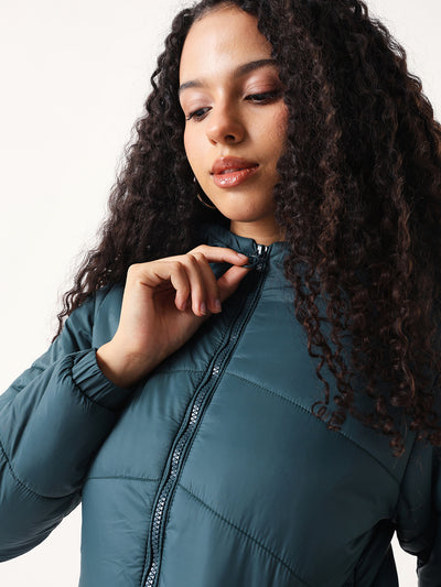 DL Woman Dark Green Hooded Full Sleeves Puffer Jacket